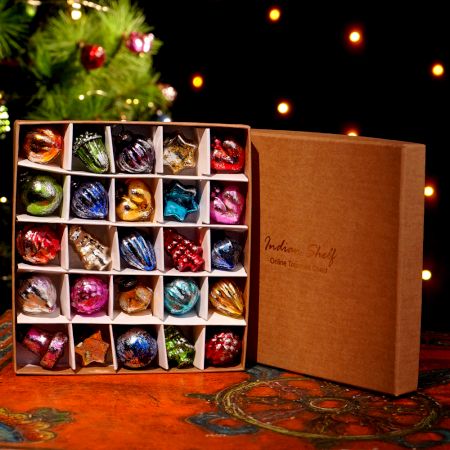 25 Pieces Handmade Multi-Coloured Distressed Glass Christmas Ornament