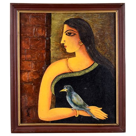 Elegant Woman in Black Saree Acrylic Canvas Painting
