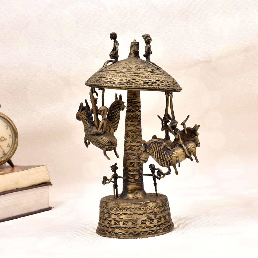 Vintage Brass Umbrella Horse Swing with Male Figures for Decor