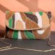 Earth Rhythm Abstract Beaded Clutch with Gold Chain Strap | Green, Brown & White Party Sling Bag