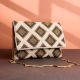 Luxury Geometric Beaded Clutch with Gold Chain Ivory, Gold & Black Diamond Pattern
