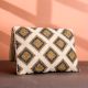 Luxury Geometric Beaded Clutch with Gold Chain Ivory, Gold & Black Diamond Pattern
