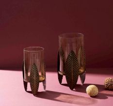 Antique Brass Iron Candle Stand with Leaf Motif