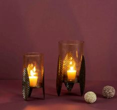 Antique Brass Iron Candle Stand with Leaf Motif