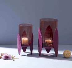 Heather-Toned Iron Candle Stand with Leaf Motif