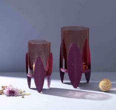 Heather-Toned Iron Candle Stand with Leaf Motif