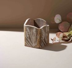 Rustic Leaf-Engraved Wooden Spoon Holder