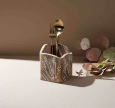 Rustic Leaf-Engraved Wooden Spoon Holder