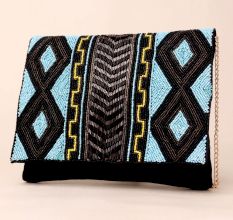 Tribal Rhythm Hand-Beaded Clutch with Chain Strap