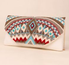 Boho Radiance Hand-Beaded Clutch with Tribal Motif and Chain Strap