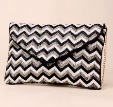 Chevron Chic Hand-Beaded Clutch with Detachable Chain Strap