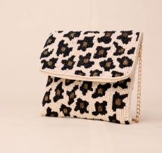 Wild Luxe Hand-Beaded Leopard Print Clutch with Gold Chain Strap