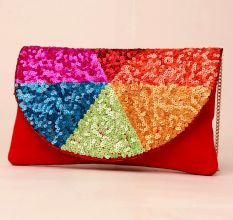 Rainbow Mosaic Hand-Sequined Sling Clutch in Red Base