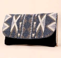 Midnight Mirage Beaded Sling Clutch with Gold Chain Strap