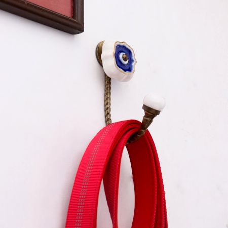 Navy Blue Solid Gold Line Ceramic Hook In Antique Fitting