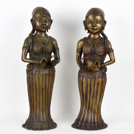 Handcrafted Dark Finish Brass Lady Statue in Tribal Art in Pair