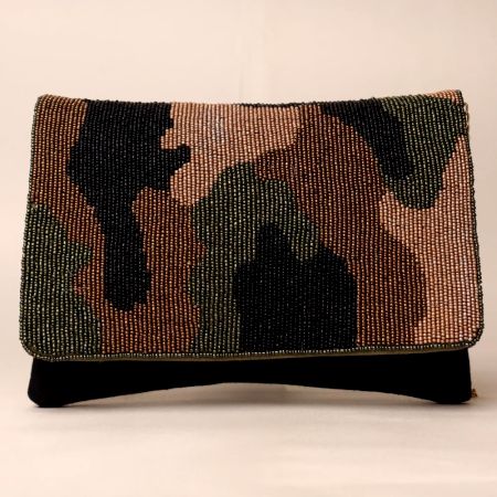 Camouflage Chic Hand-Beaded Sling Bag with Gold Chain Strap