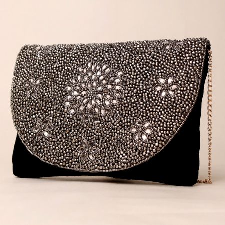 Midnight Elegance Hand-Beaded Floral Sling Bag with Gold Chain Strap