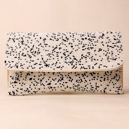 Monochrome Mist Hand-Beaded Sling Bag with Gold Chain Strap