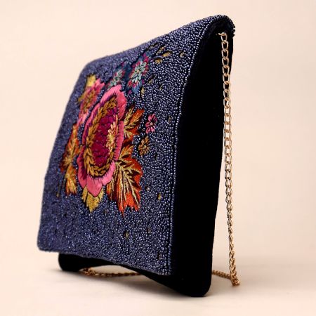 Midnight Bloom Hand-Beaded Sling Bag with Gold Chain Strap