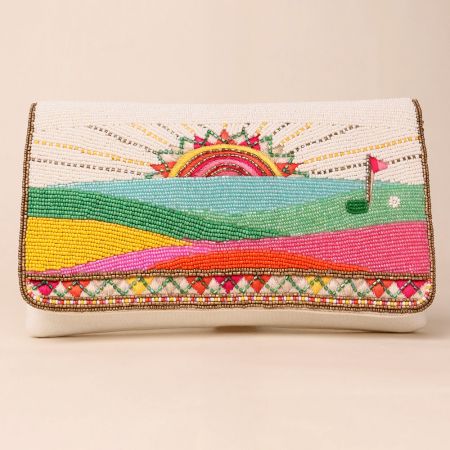 Hand-Beaded Sunrise Landscape Clutch with Vibrant Colors | Party Sling Bag