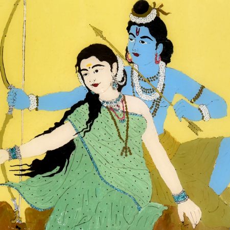 Glass Painting Of Rama and Sita in Yellow Colour