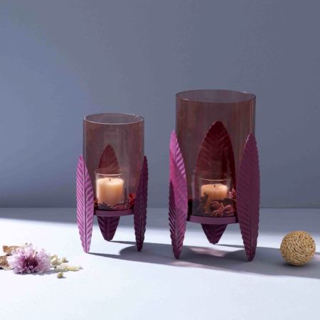 Heather-Toned Iron Candle Stand with Leaf Motif