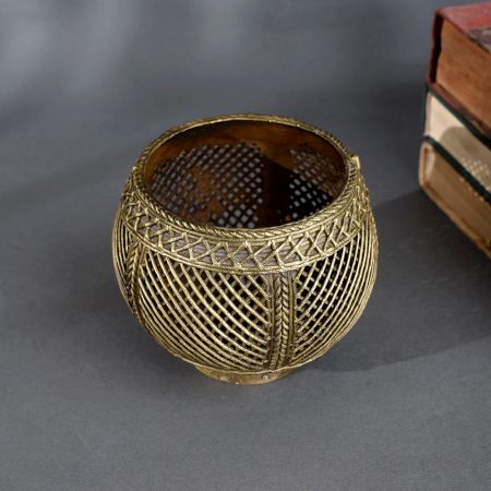 Handcrafted Odisha Brass Measuring Pot in Intricate Lattice Design for Ethnic Decor