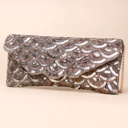 Silver Cascade Sequin Hand-Embroidered Sling Bag with Gold Chain Strap