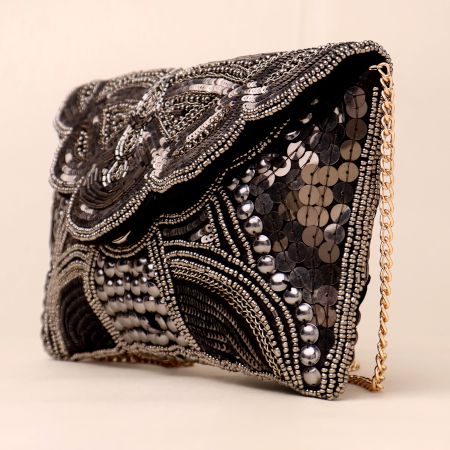 Celestial Noir Hand-Embroidered Clutch with Luxe Chain Strap