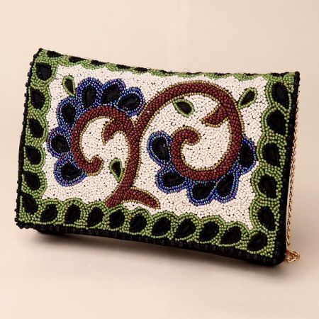 Enchanted Garden Embroidered Beaded Sling Clutch with Chain Strap