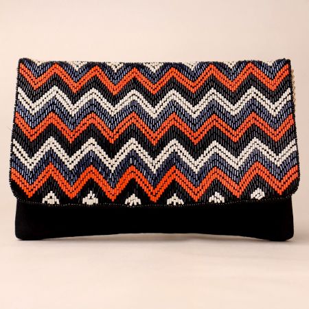 Boho Zigzag Hand-Beaded Clutch with Detachable Chain Strap
