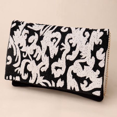 Royal Noir Baroque Beaded Clutch with Chain Strap