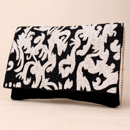Royal Noir Baroque Beaded Clutch with Chain Strap