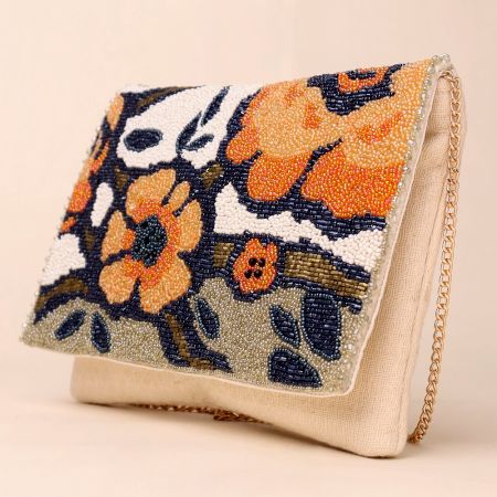 Floral Reverie Hand-Beaded Sling Clutch with Chain Strap