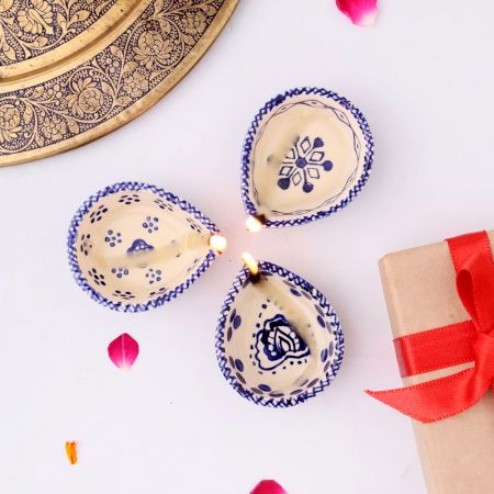 Designer Ceramic Blue and White Diwali Diya For Temple Decoration-Pack of 3