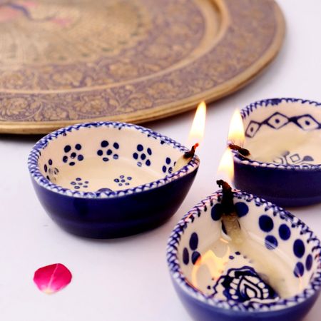 Designer Ceramic Blue and White Diwali Diya For Temple Decoration-Pack of 3