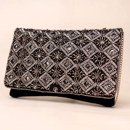 Noir Royale Hand-Beaded Clutch with Ornate Metallic Embroidery