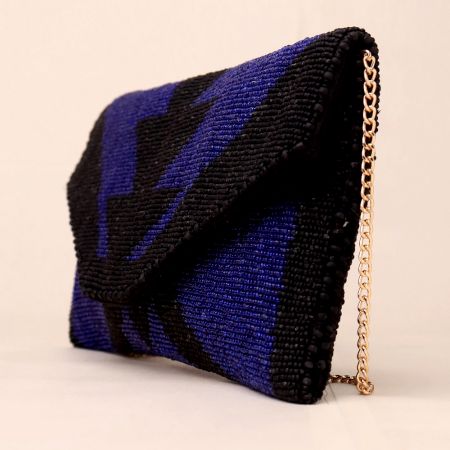 Midnight Geo Luxe Hand-Beaded Clutch with Chain Strap