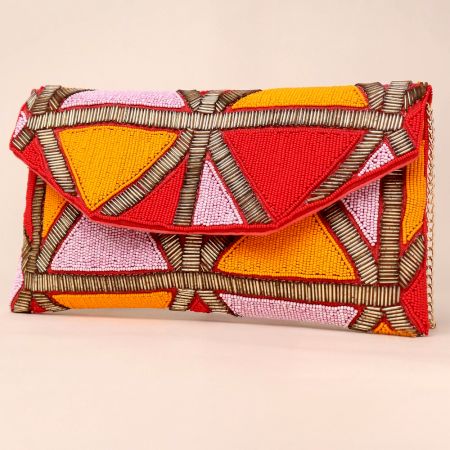 Sunburst Mosaic Hand-Beaded Envelope Clutch with Chain Strap