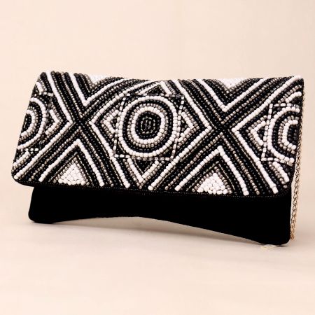Midnight Monochrome Hand-Beaded Geometric Clutch with Chain Strap