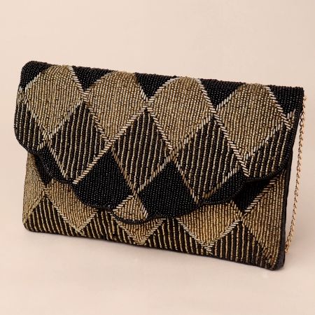 Golden Lattice Evening Clutch with Detachable Chain Strap