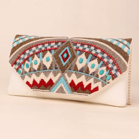 Boho Radiance Hand-Beaded Clutch with Tribal Motif and Chain Strap