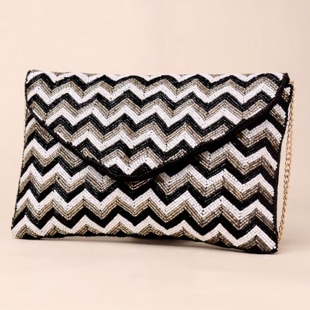 Chevron Chic Hand-Beaded Clutch with Detachable Chain Strap
