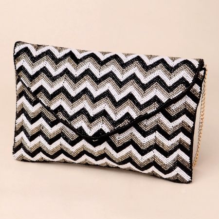 Chevron Chic Hand-Beaded Clutch with Detachable Chain Strap