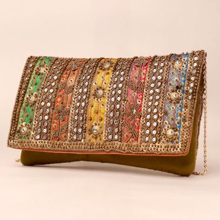 Regal Radiance Multicolor Embroidered Clutch with Mirror Work & Chain Strap