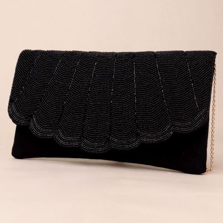 Noir Elegance Chevron Beaded Clutch with Chain Strap