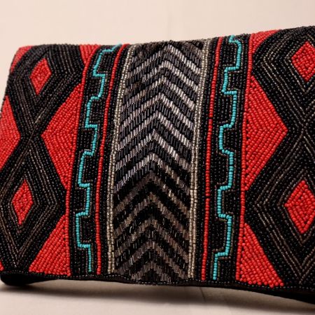 Tribal Rhythm Hand-Beaded Statement Clutch with Gold Chain Strap