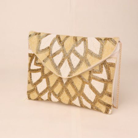 Golden Gleam Hand-Beaded Envelope Clutch with Chain Strap