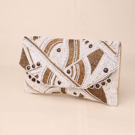 Golden Hand-Beaded Envelope Clutch with Chain Strap